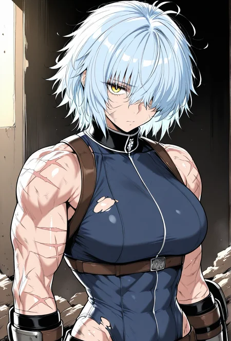 (masterpiece, best quality, ultra-detailed:1.4),
solo,1girl, (light blue hair:1.3), short messy hair, bangs,
(yellow eyes:1.5), (battle-worn expression:1.3), (scar over one eye:1.5), (intimidating aura:1.3),
(hair covering one eye:1.5), (bangs covering left eye:1.4), (left eye obscured by hair:1.4), (hair over eye:1.3),
(battle-hardened:1.4), (war veteran:1.3), (many scars:1.3), (visible wounds:1.2), (weathered face:1.2), (dirt and grime:1.2),
(toned arms:0.6), (muscle tension visible:0.3), (slim but athletic build:1.1), (strong female warrior:1.1), mercenary warrior
(dynamic lighting:1.3), (gritty, rough textures:1.2)
looking at viewer, (hair slightly messy:1.2), (torn and worn-out fighter outfit:1.2),
 <lora:VioletV2:1>