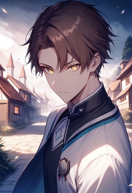 (best quality, masterpiece), 1 boy,18 years old, medieval village, dark mood, Arrogant,
brown hair, short hair, no bangs, blue and white color student uniform
 , looking at viewer, Unobtrusive golden eyes, Dull golden eyes,