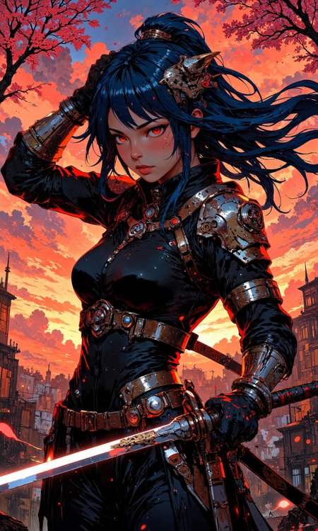 A dynamic anime-style scene featuring a fierce female warrior wielding a gleaming katana, her hair flowing in the wind like cascading waves of midnight blue. She wears a traditional samurai armor infused with modern cybernetic enhancements, giving it a sleek, polished look. Her piercing, determined eyes are highlighted with soft shadows. The scene is set against a dramatic sunset backdrop, with vivid oranges and reds painting the sky, reflecting off her armor. Cherry blossoms scatter in the air, adding a touch of elegance. Her pose is powerful and confident, ready to strike, embodying grace and strength. The atmosphere is charged with intensity and valor, capturing a moment of poised action and beauty. The composition emphasizes movement and detail, with a focus on the intricate patterns of her armor and the delicate flutter of cherry blossoms. Masterpiece, best quality, detailed shading, vibrant colors, dynamic action pose. <lora:Rainbow_on_black_style-000003:0.3> <lora:FLUX-daubrez-DB4RZ:0.6> <lora:Memadukan_Brush_Strokes_of_Fineart:0.3> <lora:Let_It_Blaze_in_Crimson_anime_v1.0:0.6> <lora:FluxMythV2:0.9> <lora:flux_dev:1>