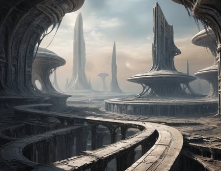In this forsaken land, the remnants of an alien civilization stretch endlessly into the horizon, their grandiose architecture reduced to mere shadows and whispers, haunting reminders of worlds long gone, b3ks1n