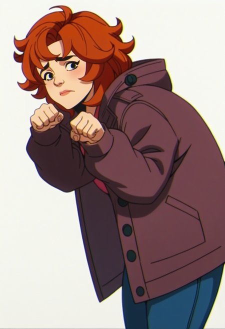score_9, score_8_up, score_7_up, source_cartoon, vikin girl, plump, big coat, fluffy clothes, from side, front, leaning forward, cute pose, nervous, looking at viewer, simple white background, dynamic pose, cowboy shot, brown hair, big pants, hair ornament,
<lora:Marvel97_Style-10:0.75>, Marvel97, anime screencap, flat color,  <lora:Marvel97_Style-10 V2:0.7>