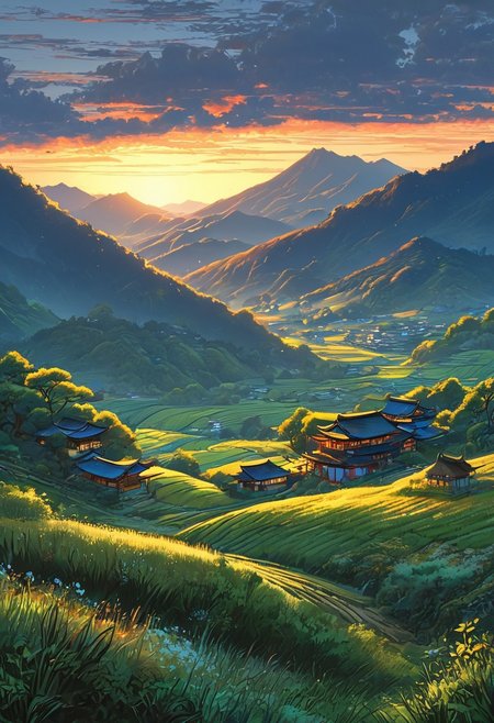 A captivating night scene illustration the Japanese Countryside This enchanting artwork captures a serene and peaceful early morning, where the sun is just starting to rise over the beautiful hills and, creating a cinematic experience 
 illustration, cinematic
<lora:DonM3t3rn1tyXL-v1.1:0.7>, DonM3t3rn1tyXL,
OverallDetailXL  <lora:MJ52:0.3>  <lora:SDXLFaeTastic2400:0.4>  <lora:EpicF4nta5yXL:0.7>