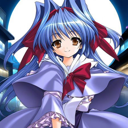 score_9, score_8_up, score_7_up, source_GAME, rating_explicit, BREAK <lora:Shion_mahjong_XL:1> Shion_mahjong, very long hair, blue hair, hair bow, hair intakes, brown eyes,  short stack, hair bow, white and purple dress 
solo, bow, upper body, capelet, frills, hair ribbon, wine red bow,  looking at viewer,
smile, 
cyberpunk, gigantic size full moon,  night, near future city, buildings, outdoors,