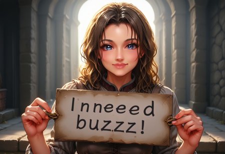 masterpiece, best quality, Ray tracing, hdr, volumetric lighting, highres, detailed background, source_anime, detailed eyes, female,  pose, 1girl,  smile, frieren, (need_buzz), holding sign, , solo, looking at viewer