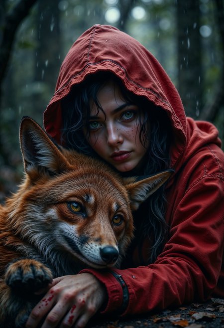 Highly detailed and dramatic digital artwork featuring a young woman with striking green eyes and fair skin, wearing a vibrant red hooded cloak. Her dark hair is slightly wet, suggesting a rainy or misty environment. She is closely embracing a large, realistic fox with a thick, textured fur coat. The fox's eyes are piercing and its fur is intricately detailed, with a natural red and dark pattern. The woman's hand, with red-stained fingers, rests gently on the fox's head, adding a sense of unity and connection between them. The background is a dark, dense forest, enhancing the mysterious and enchanting atmosphere of the scene. The overall composition is rich in color and texture, emphasizing the bond between the woman and the fox. <lora:FluxMythR3alisticF:1>