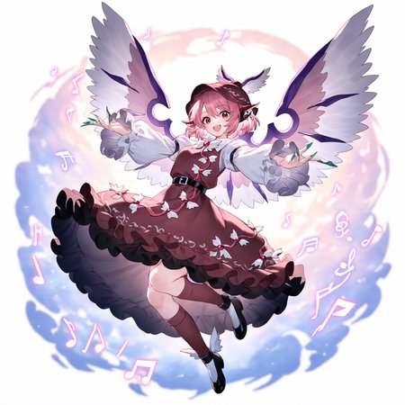 ,mystia lorelei, 1girl, solo, looking at viewer, blush, smile, open mouth, short hair, long sleeves, dress, hat, animal ears, hair between eyes, jewelry, brown eyes, tail, full body, pink hair, earrings, frills, boots, wings, shoes, socks, puffy sleeves, belt, black footwear, nail polish, fingernails, kneehighs, frilled dress, outstretched arms, feathered wings, musical note, single earring, long fingernails, white wings, brown headwear, sharp fingernails, eighth note, bird wings, brown dress, green nails, beamed eighth notes, bird ears, treble clef, winged hat, quarter note, beamed sixteenth notes, brown socks, winged footwear,<lora:TestTestTest!\uuzan\Uuzan_Style_NBV1.safetensors:0.95:0.95>,,masterpiece,best quality,newest,absurdres,highres,very awa,detail background <lora:None:0.9500000000000002>
