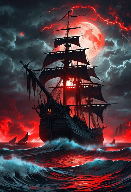 A captivating night scene illustration featuring a large and tall and ominous black 17th century haunted sailing ship  sailing on the forboding and haunted ocean.  This enchanting artwork captures a dark and ominous night, where an ominous red bloodmoon hangs above the scene with red lightning bolts striking down from dark clouds, creating a cinematic experience., illustration, cinematic
<lora:DonM3t3rn1tyXL-v1.1:0.7>, DonM3t3rn1tyXL,
OverallDetailXL  <lora:MJ52:0.3>  <lora:SDXLFaeTastic2400:0.4>  <lora:EpicF4nta5yXL:0.7>