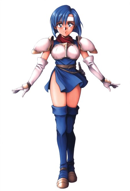 masterpiece, best quality, solo, 1girl, smile, looking at viewer, <lora:FF7-Offical-Art-illus_Fp:1>, 1990s \(style\), simple background, white background, full body, standing,  <lora:fecatria-illu-nvwls-v1:1>, dfCt, blue hair, medium hair, blue eyes, white headband, white armor, sleeveless dress, blue dress, shoulder armor, red scarf, brown belt, long gloves, white gloves, blue thigh boots,