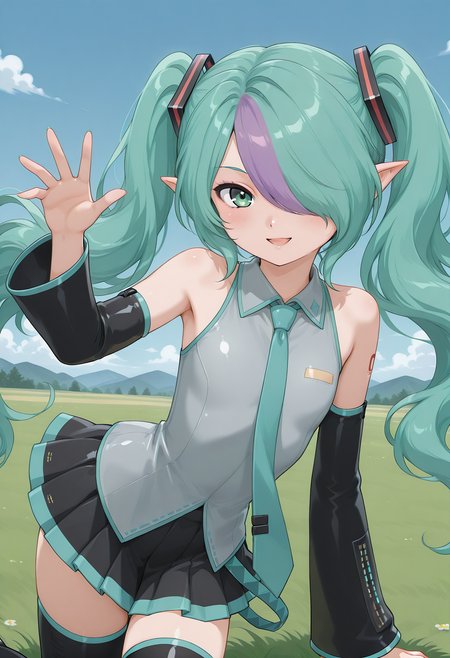miiko, pointy ears, green eyes, multicolored hair, two-tone hair, green hair, purple hair, hair over one eye, twintails,  hatsune miku \(cosplay\), vocaloid, collared shirt, bare shoulders, detached sleeves, pleated skirt, flat chest, <lora:misery_revisited_illustrious_ver1:0.8> 
smile, open mouth,, masterpiece, best quality, sensitive,, 1girl, solo, blue sky, (grasslands:1.2), looking at viewer,, (dynamic pose:1.4),