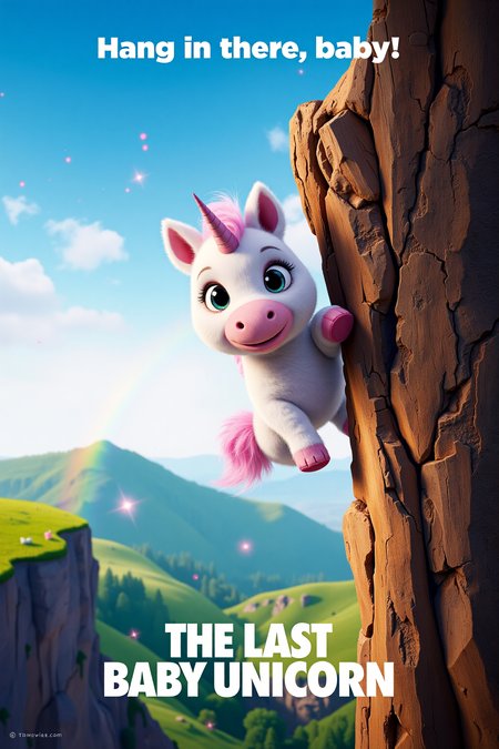 mvpstr. Epic Movie poster for "The Last Baby Unicorn", featuring A cute, wide-eyed baby unicorn with pastel-colored fur and a tiny horn hanging precariously to the edge of a cliff, about to fall off. In the background, a whimsical, mystical landscape is visible, with gentle hills, magical sparkles, and a faint rainbow. tagline at the top reads: "Hang in there, baby!"  At the bottom, add the film title, "The Last Baby Unicorn," in a playful, fantasy-style font that complements the lighthearted tone. <lora:schnell_v1.0:1.0> <lora:EpicMoviePoster-000015:0.8>