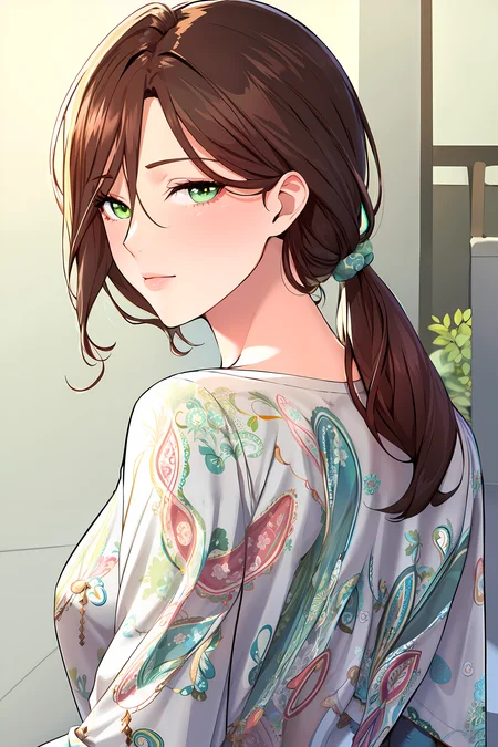 (masterpiece:1.2), best quality, 1lady, hair over shoulder, pastel brown hair, lime green eyes,| goddess, aqua color front knot shirt, paisley,  shirt, <lora:my_friends:0.5>, looking at viewer,