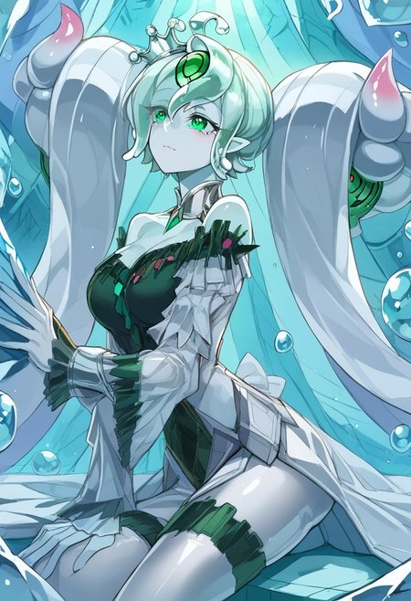 score_9, score_8_up, score_7_up, source_anime, verybadimagenegative_v1.3, easynegative, perfect lighting, ExpressiveH. rating_safe
BREAK 
ygoaegirine, colored skin, slime girl, transparent, tall, short hair, green eyes
BREAK 
(detailed face:1.3), beautiful face, teardrop breasts, (medium breasts:1.2), curvy, heart-shaped ass, perfect body, perfect hands, 
BREAK 
1girl, solo, (dress, crown, hair ornaments, thighhighs), sitting in a throne,