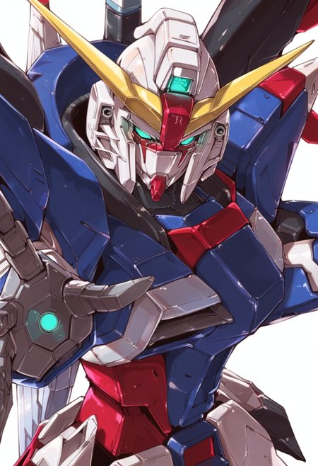 (score_9:0.9),score_8_up,score_7_up,rating_safe,anime_style,(zPDXL),<lora:Destiny Gundam ponyXL v1:0.92>, destiny gundam, solo, open hand, science fiction, glowing, looking at viewer, glowing eyes, green eyes, white background, upper body, mechanical wings, outstretched hand, wing up