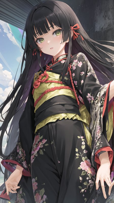 1girl, Renge, ((full body)), solo, (((aqua jacket, duffel coat, cutoff jeans))), ((patterned legwear)), blush, green eyes, black bandeau, scrunchie, frilled, 
<lora:Renge v1.0:0.6>