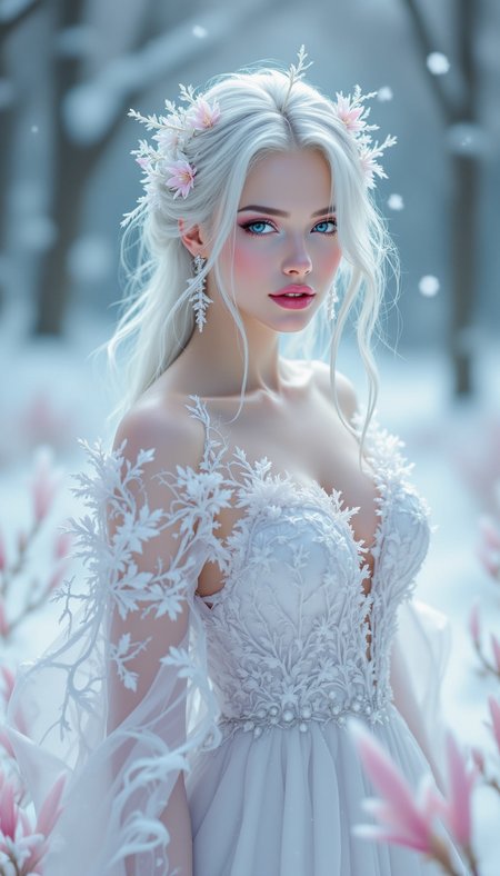 pinkfluxproultrafantasia, 
A serene woman with hair resembling blooming frost flowers, wearing a gown of translucent petals encased in frost, standing in a snow-covered meadow with hints of icy pink blossoms.