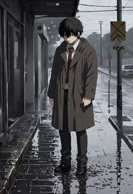 Highres, Masterpiece, High Quality, 4K, 8K, solo, 1Boy, Takaki Toono, adult, black hair, short hair, footpath, urban, wet, slippery, puddle, heavy rain, overcast, dark, drenched, weak, beaten, looking down, sad, helpless, carelessm heartless, wet hair, withered plants, easynegative, detailed_eye_model