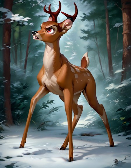 score_9, score_8_up, score_7_up, score_6_up,
bambi, adult, horns, deer, solo, ((Four legs,)) hyperdetailed, detailed fur, forest, full body, snow, angry,
<lora:add-detail-xl:0.8><lora:Bambi:1>  <lora:Furry Enhancer 6.1:2>