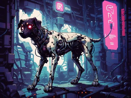 score_9, score_8_up, score_7_up, score_6_up,  <lora:cyb0rgXLP:0.8> cyb0rg, solo, science fiction, cable, mechanical parts, dog, black, feral, full body, glowing eyes, neon lights,