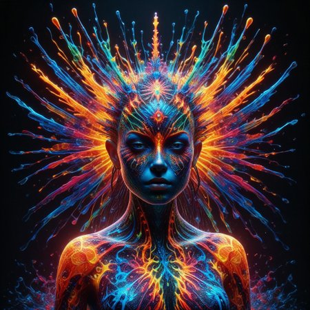 a full body fire entity with multicolored flames, professional photography of an fantastical warrior princess entirely made of cyberflies with whimsical elements, swirling magic, eerie fairytale landscape, elaborate fantasy style art, very colorful, intricate details, ultra sharp, exquisite detail, flawless composition, vivid colors, masterpiece, exciting background, TAS, TASvisuals, Psychedelic , Rave, Elaborate , Blacklight , Vibrant , cyberflies, black light paint, blp, Colorful Chaos Cracks and Drops, mad-glowtiedye, made out of,colorful,liquid,Murano Art Glass