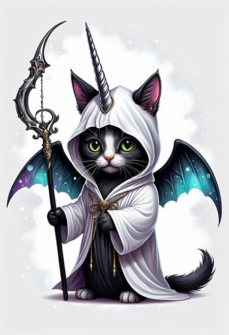 Let's craft a striking and unique t-shirt design featuring an eerie twist on a unicorn kitten dressed in a reaper costume, all set against a crisp white background. Picture a small, adorable kitten with a unicorn horn protruding from its forehead, its eyes glowing with an otherworldly light. The kitten is clad in a dark, flowing reaper robe, complete with a hood that casts shadows over its face, adding a mysterious and haunting vibe to the design. Delicate, ethereal wings sprout from its back, shimmering with a ghostly iridescence. The kitten holds a tiny scythe in its paw, the blade gleaming ominously against the white fabric of the robe. Behind the creature, a soft, ethereal mist swirls, hinting at a realm beyond the mundane. This juxtaposition of cute and eerie elements creates a captivating visual contrast that is sure to intrigue and captivate onlookers when printed on a white t-shirt.