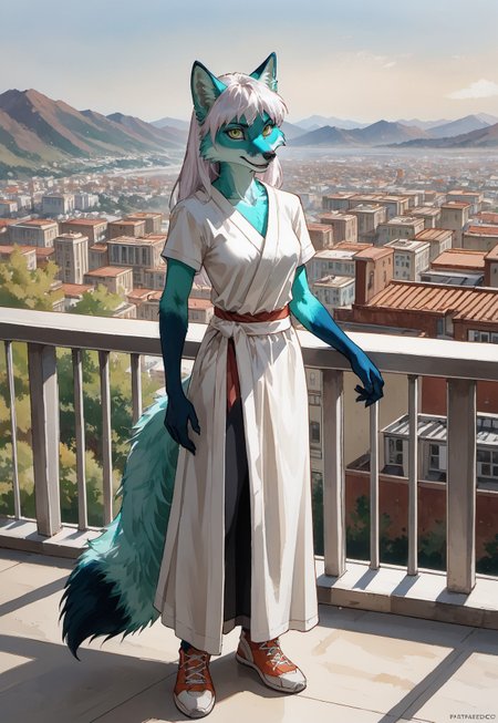 Anthropomorphic. Turquoise fluffy fox (full length), long white hair, (standing on the balcony (at dawn)), grinning, ready to fight. with green eyes and vertical pupils. woman. the traditional clothing of the Slavs. The Orphen sirius style. JuliaTDC Style~ArtS