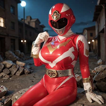 20yo, score_9, score_8_up, score_7_up, shiny oild skin, 
sentaisaintforce, red bodysuit, silver belt, white gloves, spandex, wing-shaped chest symbol, gigantic breasts, helmet removed, no headwear, 
 city ruin, rubble, sitting, night, 
 <lora:Saint_Force:0.8>