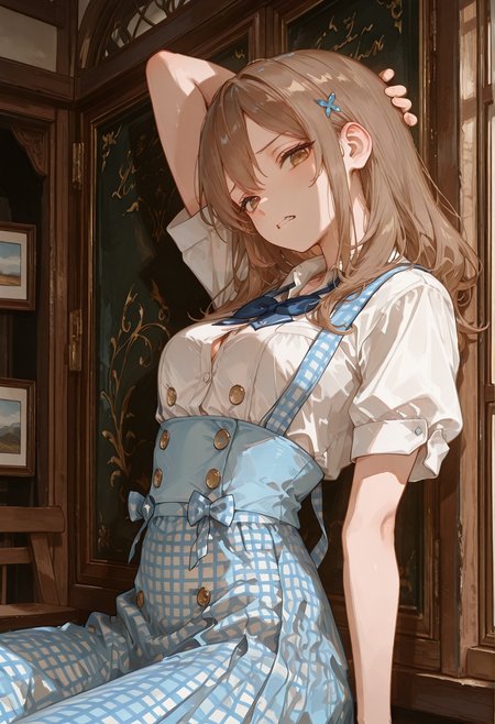 perfect quality,high quality,masterpiece,best quality,amazing quality,very aesthetic,Cinematic Lighting,newest,Tactical use of shadow,
looking at viewer,from side,head tilt,leaning back,cowboy_shot,looking_down,Grimace,
MariyaMikhaylovna Cyql,1girl,solo,brown hair,long hair,hair ornament,brown eyes,
sitting_backwards,arm_behind_head,
(waitress:1.2),(light-blue gingham-check suspender-skirt:1.4),(long skirt:1.2),(white blouse:1.3),((double-breasted, underbust):1.2),(solid-blue bow-tie:1.3),(short sleeves, button gap),
usnr,748cmstyle,<lora:USNR STYLE_XL_loha:0.45>,<lora:DarkerThanBlackIllustrious:0.5>,<lora:spo_sdxl_10ep_4k-data_lora_webui:0.6>,<lora:illustrious_all_rated_v1:0.7>,<lora:748cmSDXL:0.8>,<lora:illustrious_quality_modifiers_masterpieces_v1:0.9>,<lora:Mariya Mikhaylovna_Illustrious by Cyql:1>,