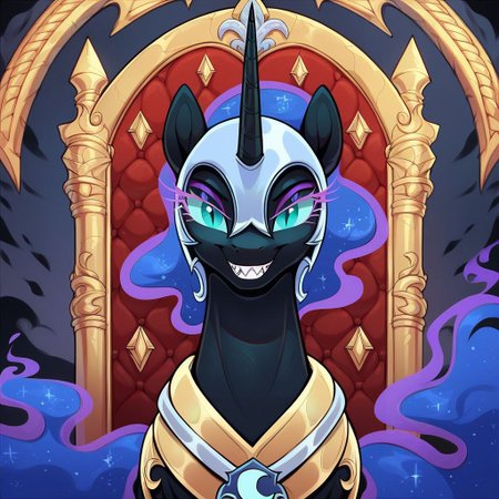 score_9, score_8_up, score_7_up, score_6_up, score_5_up, score_4_up, Nightmare moon From "Equestria at War", pony, alicorn, g4, Female, Feral, Portrait of a leader, Ruler of the Lunar Empire, (Athletic1.2), Burning eyes, Looking At Viewer, Terrifying sadistic smile, Sharp teeth, Throne Hall Interior, Extreme Detailed Background, Tail, the quality of ai art is frightening