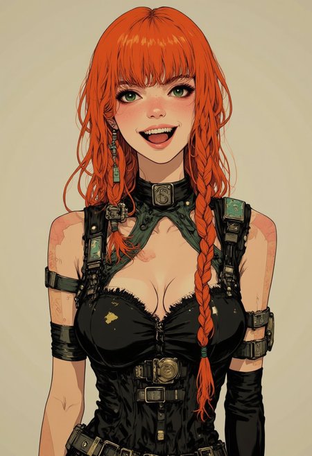 in the style of cksc, beautiful woman flirting, looking at viewer, (laughing), (((pale skin))), orange hair, freckles, long braided hair, big green eyes, (((skin-tight jumpsuit))), ((cybernetics)), ((fishnet clothing)), cyberpunk background.