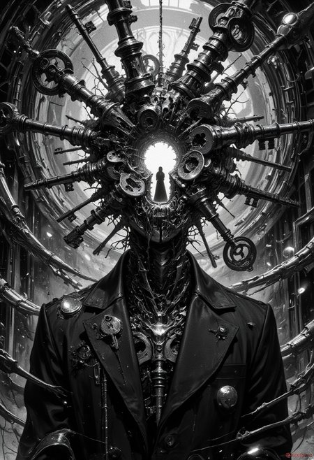 A figure stands in eerie stillness, their face replaced by a keyhole—an empty void where eyes and mouth should be. Shadows swirl within the hollow space, hinting at something unseen beyond. The longer one stares, the more the keyhole seems to shift, as if inviting—or warning—of what lies on the other side. The background is a chaotic blend of twisting doorframes and floating keys, suspended in an impossible dreamscape where identity is both locked away and waiting to be unlocked.