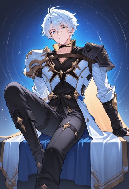 masterpiece,best quality,amazing quality, source_anime, 
Phainonhsr, 1boy, male focus, solo, blue eyes, white hair, black choker, neck tatto, shoulder armor, shirt, black shirt, coat, white coat, cape, fingerless gloves, pants, black pants, boots, black footwear,