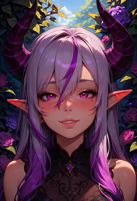 score_9_up, score_8_up, score_7_up, score_6_up, 1girl, 25 years old, perfect face, cute, petite,
detailed face, portrait, face focus, depth of field, looking at viewer, blush, shy smile, close up, 
demon girl, demon horns, huge horns, striped horns, black horns, purple horns, 
pointy ears, multicolored hair, streaked hair, grey hair, purple hair, long hair, very long hair, hair between eyes, 
detached collar, black bow, black dress, frilled dress,
garden, purple roses, 
smile,