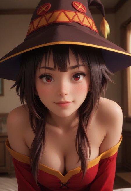score_9, score_8_up, score_7_up, score_6_up, 
Photorealistic, real photo, living room background, god rays, 1girl, 18yo, realistic, 1girl, ((megumin, short hair, black hair, red eyes, short hair with long locks,)), cute perfect face, young face, silky smooth hair glistening, natural colors, long dark eyelashes, perfectly drawn eyebrows, heavy blush, big round eyes, direct eye contact, flirting to viewers, blushing, fall in love to the viewers, 2k revolution, deep blush cheeks and nose, smiling, happy, ((leaning forward)), medium breasts, big cleavage, pov, hat