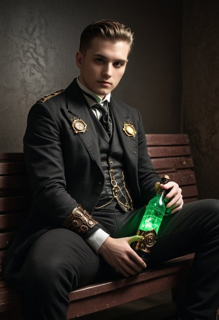 a man in a black jacket siting on a bench holding the light up bottle, in the style of steampunk inspired, theatrical lighting, neogeo, tabletop photography, snailcore, light white and red, chip zdarsky