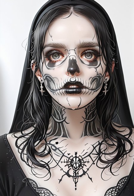 A toned yet curvaceous nun in a traditional black-and-white habit, the fabric tightly cinched around her full bust as she kneels in prayer. The dim candlelight of the gothic church highlights her delicate profile and the faint sweat on her brow. Behind her, a mass of shadowy tentacles slither from the cracked altar, their glossy, sinewy forms poised to ensnare her yet she remains devout, her lips parted in a trembling prayer. The composition is hauntingly elegant, shot from hip-level up, with a chiaroscuro contrast between her purity and the encroaching horror. Cinematic gothic horror atmosphere, detailed fabric folds, subtle erotic tension without explicitness.
intricate tattoo designs, bioluminescent details, cybernetic veins, glam punk fusion, 8k photorealism