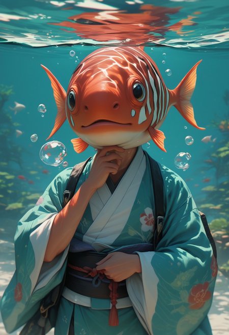 easynegative, source_anime, zPDXL2, extremely detailed, score_9, score_8_up, score_7_up, score_6_up, object_head, h3ad, <lora:Insert_Head_Here:1> fish swiming in bubble, kimono, playing shamisen