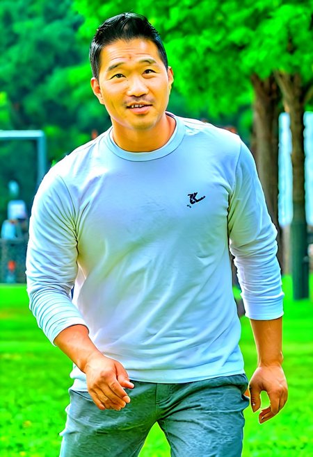 (((htkangface))), daddy,  natural face expression, (((detailed HtKangface))), fixed htKangface Photorealistic, realistic, masterpiece, intricate details, detailed background, depth of field, photo of a handsome, dynamic pose, natural face expression, (((looking at viewer))), high detail, high quality, male focus,  ((white shirt)), ((pants)), ((park background))