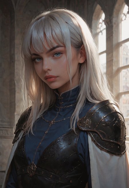 safe_pos, score_9, score_8_up, score_7_up, score_6_up, solo, light hair, tan skin, (big lips:0.8), bangs, blue shirt, sleeves, small breasts, indoors, castle, dark eyebrows, proud, detailed, confident, toned body, belts, duelist, elegant, fancy clothing, (close up:1.2), g0thicPXL, shoulder armor, black armor, intricate, sunlight, portrait,  fully clothed, silver cape, eyepatch, fine details