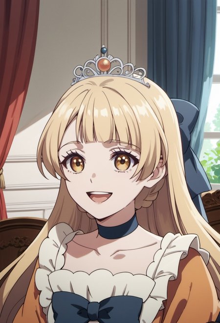 score_9, score_8_up, score_7_up, source_anime, tiara royal ivy, long hair, blonde hair, yellow eyes, 1girl, solo, smile, open mouth, choker, curtains, indoors, collarbone, dress, hair bow