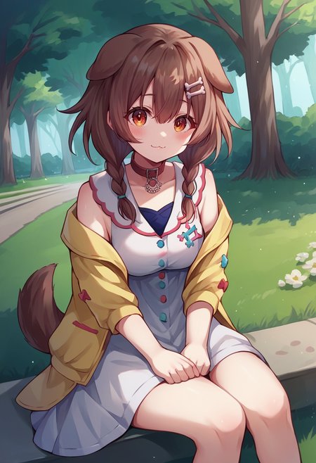 score_9, score_6_up, source_anime, 1girl, solo, sitting, korone_base, yellow jacket, white dress, off shoulder, animal collar, low twin braids, bone hair ornament, dog tail, :\3, park, tree, grass, dutch angle <lora:koroneXL:1>