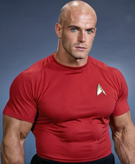 1boy, 20 year old male, Handsome, masculine, blonde, star trek, red shirt, muscle,  tall, tight shirt, wide pectorals, big shoulders, wide shoulders, muscular neck, German, bald, big pale blue eyes, abs, biceps,

stunf, star trek uniform,