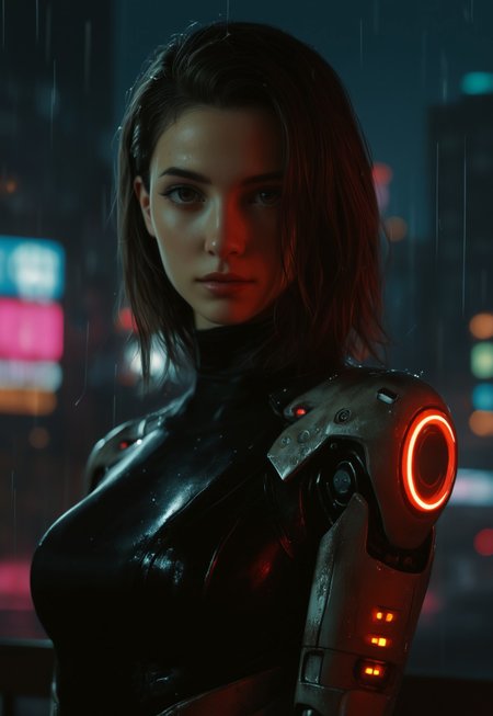 1girl, ultrarealistic, real photo, detailed skin, visible pores, looking at viewer, cyberpunk, terminator cyborg woman, mechanical robotic body, rainy city, at night, wet, neon light, 
 (8k uhd:1,4)
(((full clothed)))
(((((upper body))))), dynamic pose
 <lora:Dynamic Poses:1>
 <lora:detailed_notrigger:1>
(((full clothed)))