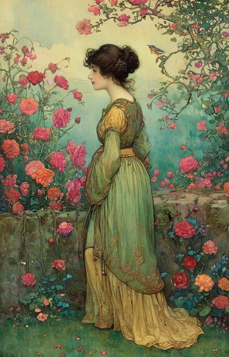 masterpiece,best quality,<lora:tbh144-sdxl:0.7>,patten,computer,flowers,illustration,style of Warwick Goble