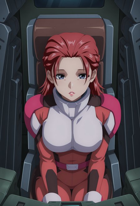 1girl,solo,mm,mature female,medium hair,red hair,blue eyes,braid,lipstick,anime coloring,
pilot suit,sitting,cockpit,parted lips, 
,masterpiece,best quality,amazing quality,<lora:Meyrin_Hawke-Gundam_SEED_Freedom:0.8>