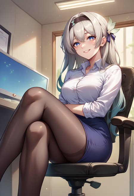 score_9, score_8_up, source_anime, Firefly, blue pupils, long hair, black hairband, hair ornament, indoors, office lady, office chair, sitting, crossed legs, miniskirt, black pantyhose, dress shirt, smile, <lora:ChamFireflyPonyXL:1>