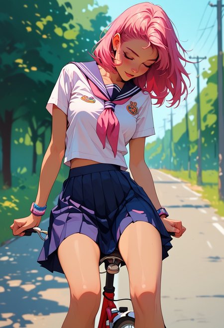 score_9, score_8_up, score_8, score_7_up, score_7,  short,, cute, 1girl,easynegative, wide shot view,pink hair,leaning back, 
 biker girl, riding on a bicycle, school uniform, y0uthful, whole body view, wide view, skirt, 
sexy poses, standing, sexy legs, , sexy tits, standing, posing,