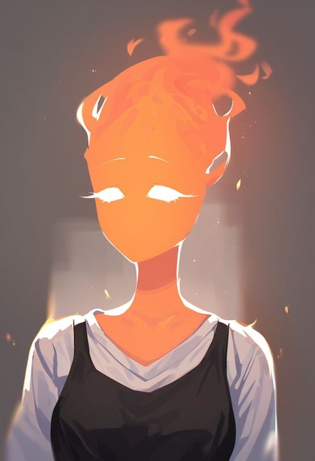 (((beautiful, high quality))), upper Body, score_9, score_8_up, score_7_up, 
FireHuman, orange fire, empty eyes, 1girl, orange skin, white eyes, white shirt, black tank top.
looking at the viewer, posing, blurred background,
