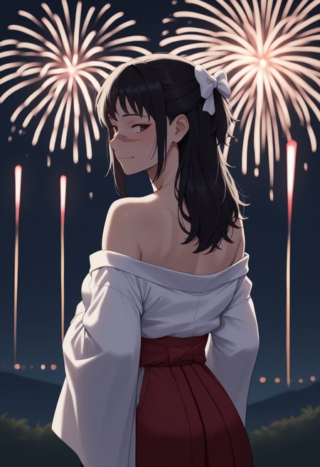 masterpiece, best quality, newest, anime, from behind, solo, 1girl, utah1mecurr, scar on face, scar on nose, slight smile, looking back, long hair, black hair, half updo, hair bow, white bow, brown eyes, japanese clothes, white kimono, kimono pull, off shoulder, long sleeves, wide sleeves, red hakama, hakama skirt, bare shoulders, outdoors, night, fireworks
<segment:yolo-Anzhc Face seg 640 v2 y8n.pt,0.4,0.5//cid=1>