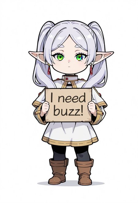 masterpiece, need_buzz, holding sign, sousou no frieren, frieren,chibi,chibi style, 
1girl, solo, white background, shirt, skirt, long sleeves, jewelry, pantyhose, pointy ears, parted bangs, green eyes, white hair, twintails, boots, full body, white skirt, earrings, striped shirt, sash, black pantyhose, capelet, white capelet, elf
