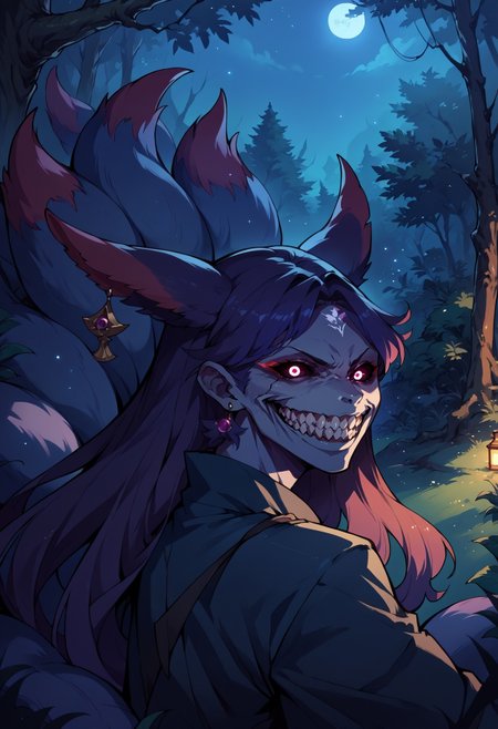 score_9, score_8_up,score_7_up,score_6_up, source_anime,forest,(YaeMikoFox:1.1), earrings, no humans, multiple tails, from side, looking at viewer, night,
solgo, sharp teeth, evil grin, black sclera, glowing eyes,
<lora:Solgo-grin-v1-potat:0.75> 
<lora:YaeMikoFox_XLPD:1>